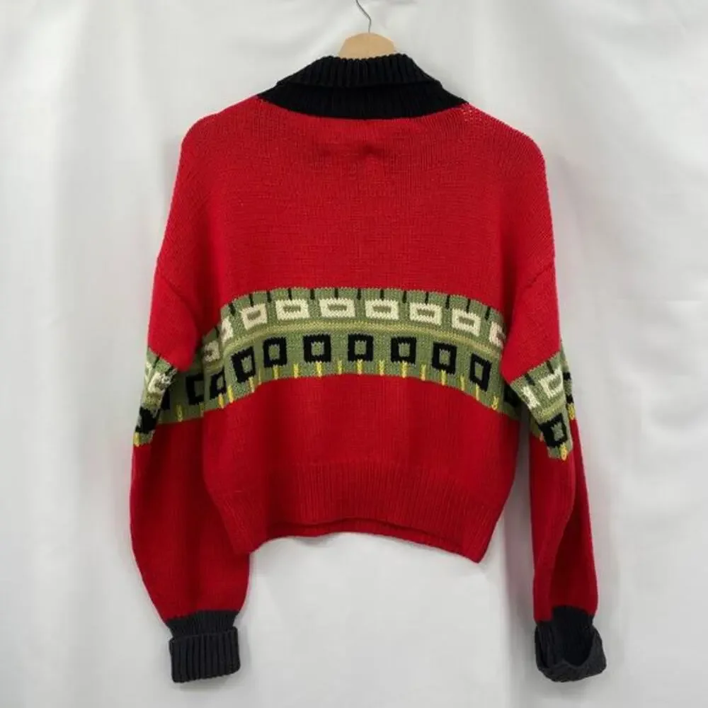 Vintage Hand knit red pattern‎ turtleneck sweater